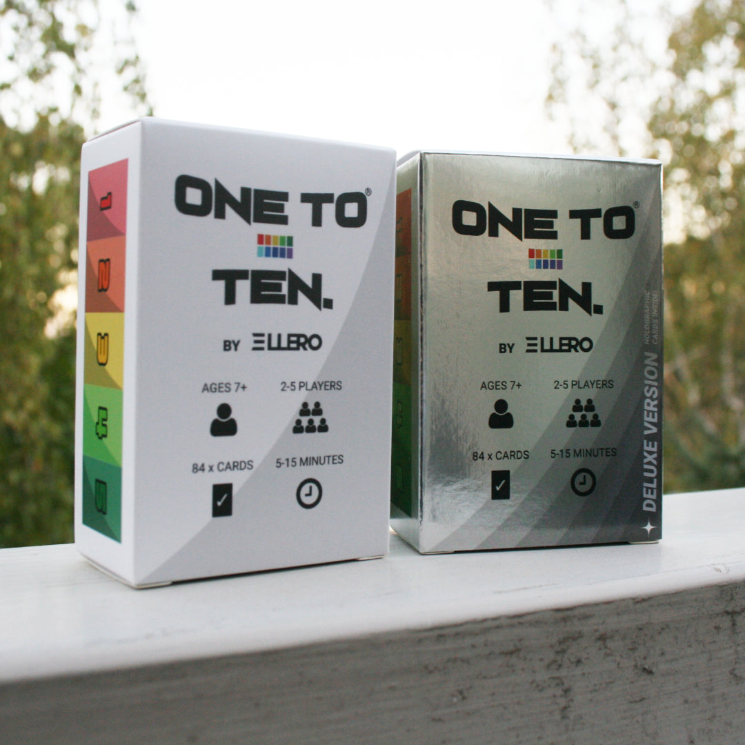 The original and deluxe versions of ONE TO TEN the card game, side by side.