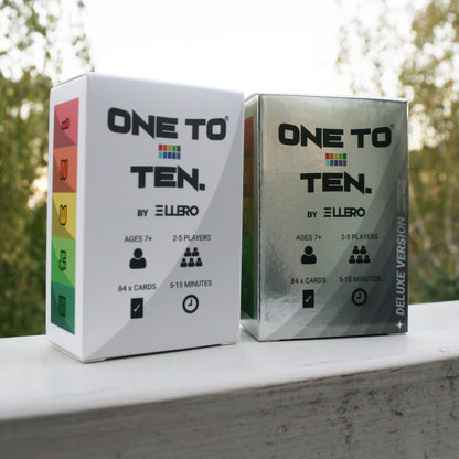 The original and deluxe versions of ONE TO TEN the card game, side by side.